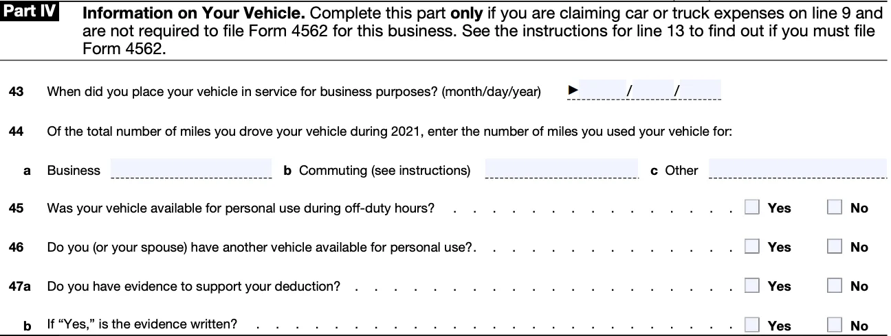 Part IV of a blank Schedule C, used for vehicle information for self-employed people who drive for work