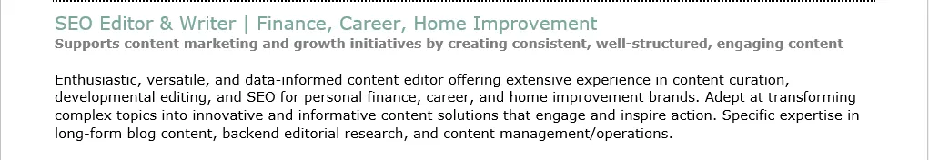 The summary section of Lauren Hamer's resume describing her editorial offerings