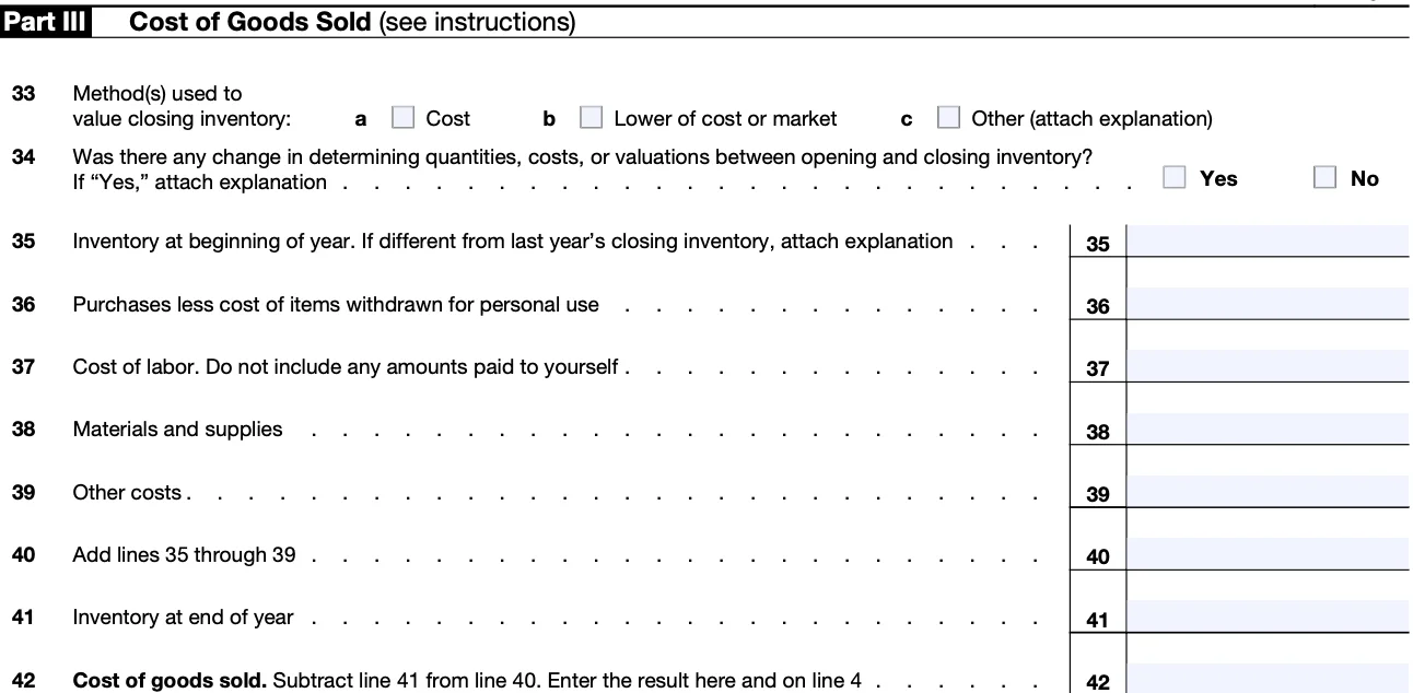 Part III of a blank Schedule C, for Cost of Goods Sold