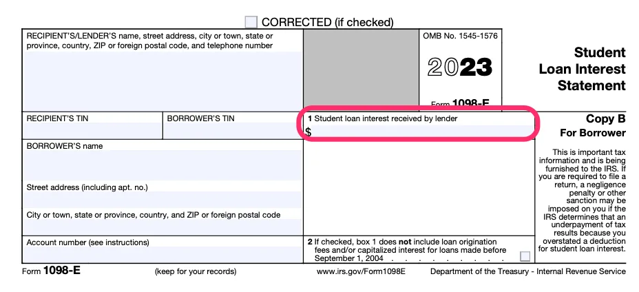 Copy B of a blank Form 1098-E, sent to student loan borrowers, with box 1, for student loan interest received by lender, circled in pink