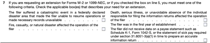 Box 7 of a blank Form 8809, with blank checkboxes for possible reasons for an extension