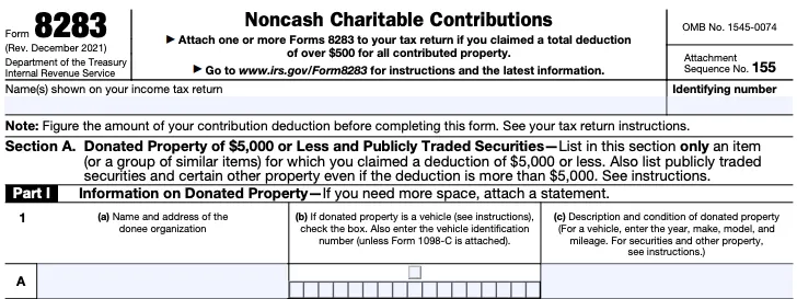 The top of Form 8283, showing up to Box A of Part I
