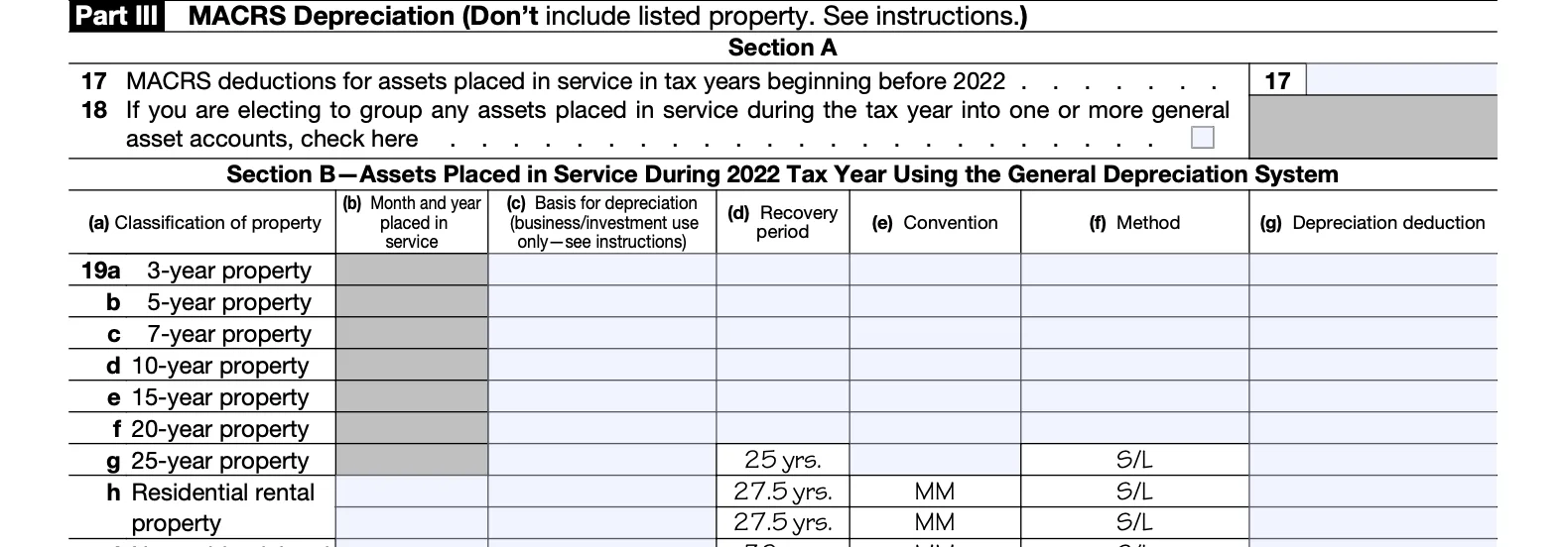 The top part of Part III of Form 4562, for MACRS Depreciation — including of residential home improvements