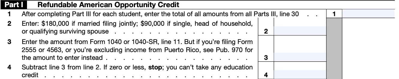 Part 1 of a blank Form 8863, for the Refundable American Opportunity Credit