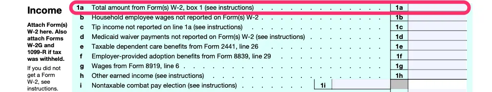 Part of a blank Form 1040, with line 1a, for W-2 income, circled in pink