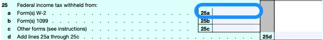 Part of a blank Form 1040 with line 25a circled in blue