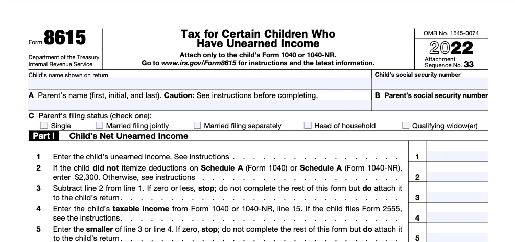 The top part of a blank Form 8615, used by minors who need to pay kiddie tax on their unearned income