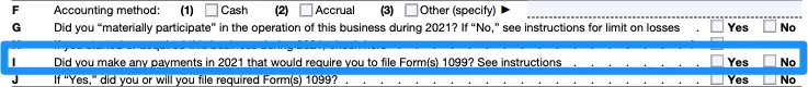 Part of a blank Schedule C, with line I circled in blue