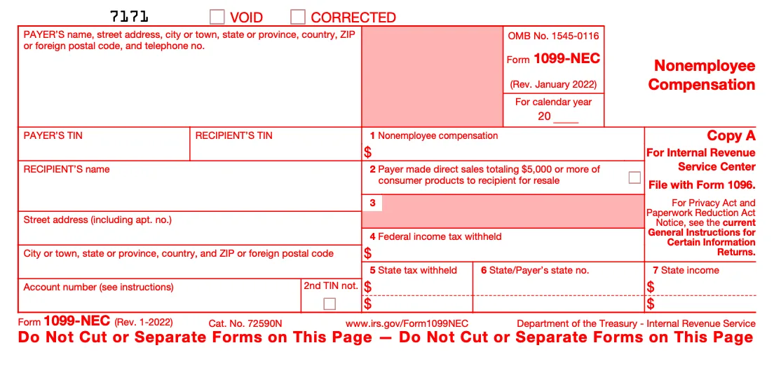 A blank Copy A of a 1099-NEC showing its red-inked appearance