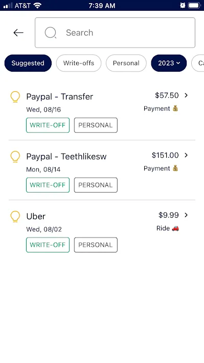Three new transactions in the Keeper app from PayPal and Uber, with the option to mark each as "write-off" or "personal"