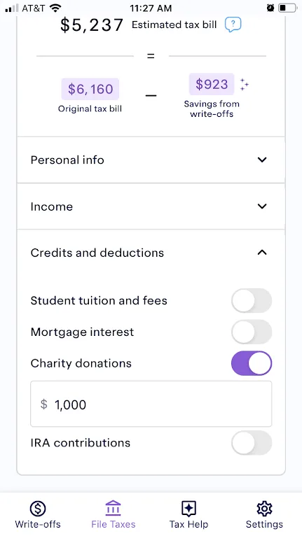 Keeper's in-app tax filing experience, showing $923 in savings applied to an original tax bill of $6,160