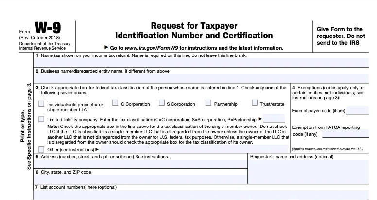 The top part of a blank W-9, used to give a payer info needed to issue a 1099