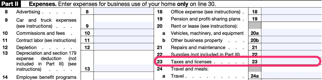 Part of a blank Schedule C, with box 23, for "Taxes and licenses," circled in pink
