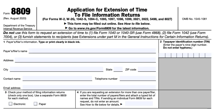 The top part of a blank Form 8809