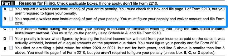 Part II of a blank Form 2210, with boxes A and B circled in blue