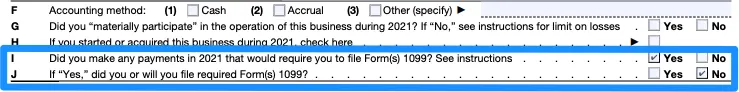 Schedule C with lines I and J circled in blue. "Yes" is checked for I, "No" for J