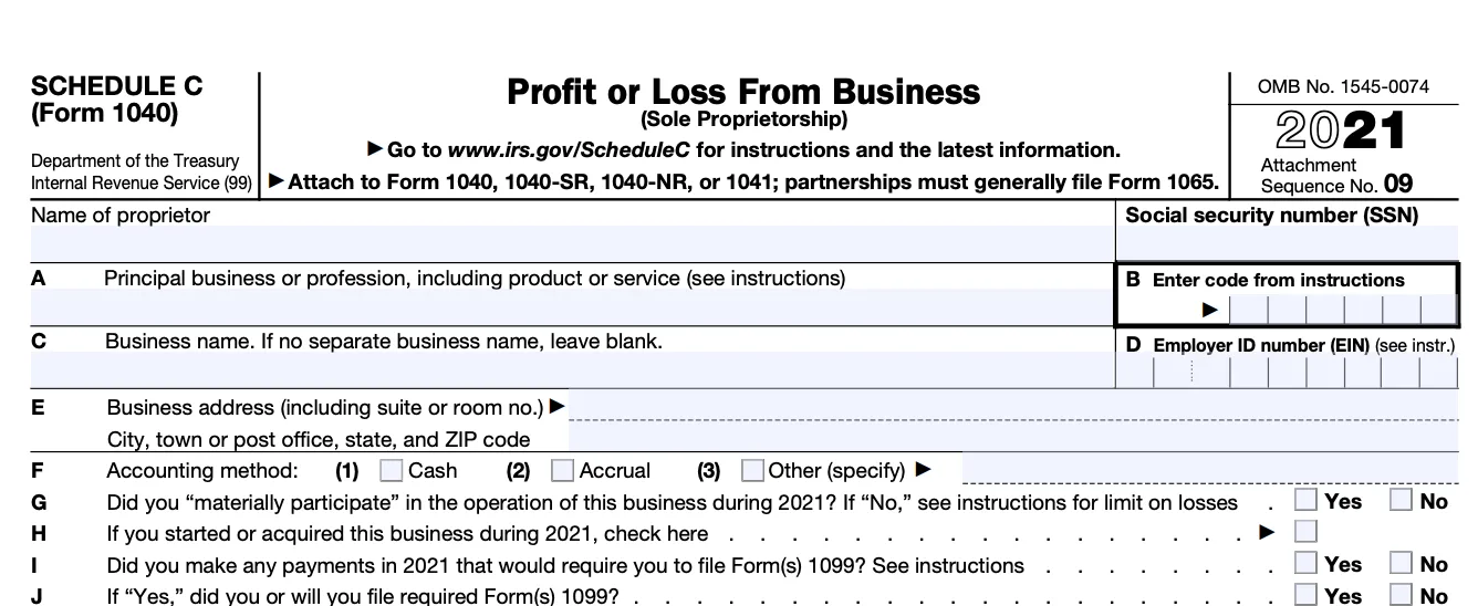 The top section of a blank Schedule C, for Profit or Loss from Business
