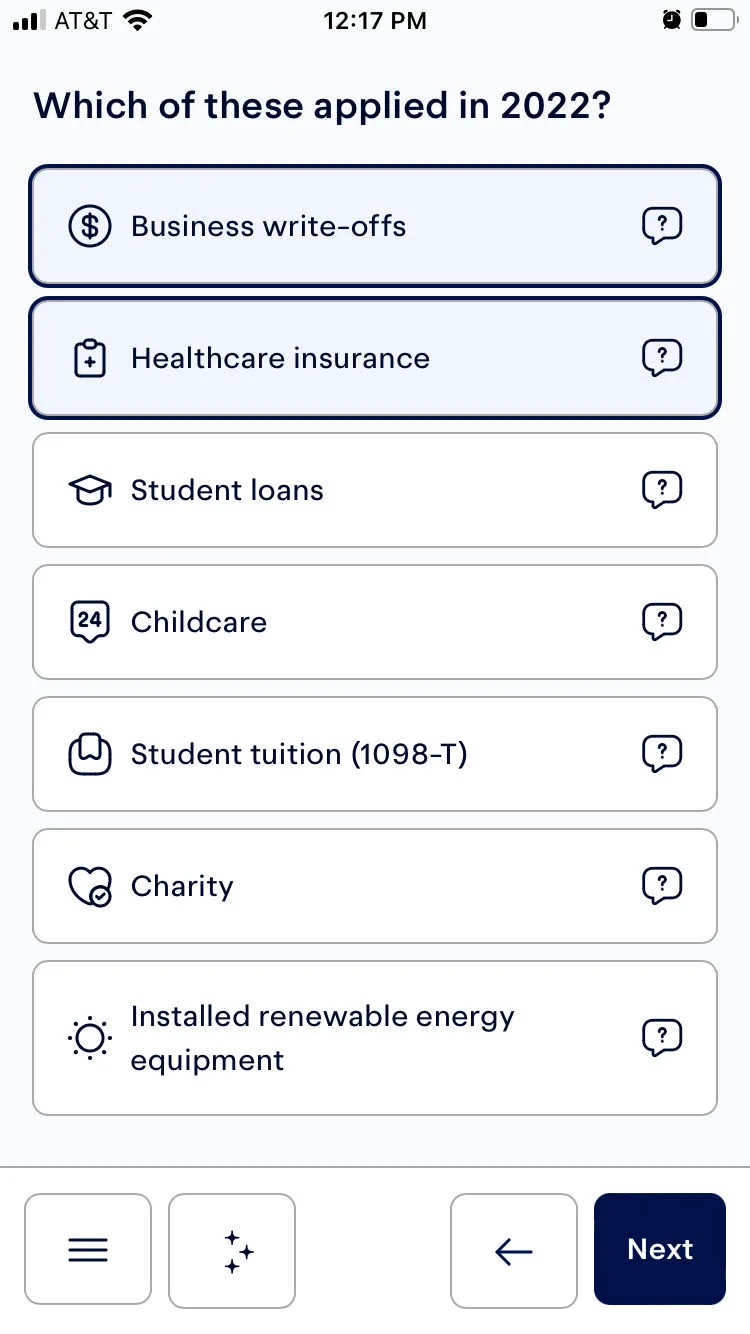 Available tax breaks that can be claimed when filing through the Keeper app. "Business write-offs" and "Healthcare insurance" are selected