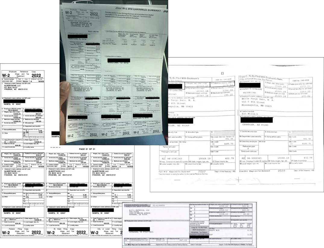 A sample of real W-2 PDFs, including an image turned to PDF with a thumb in it!