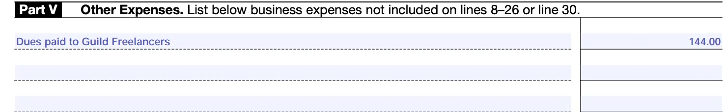 Part V of a Schedule C, showing an expense of $144.00 for "Dues paid to Guild Freelancers"