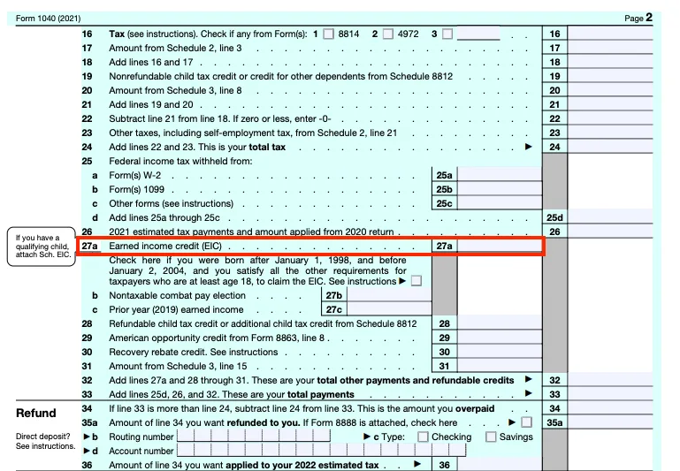 A blank Form 1040 with line 27a, for Earned income credit, circled in red