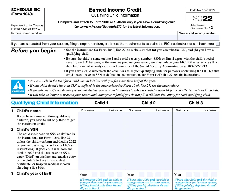 A blank Schedule EIC, used to fill out information on a qualifying child for the Earned Income Credit