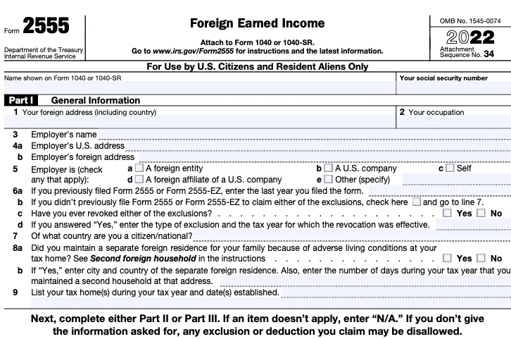 Part of a blank Form 2555, for the Foreign Earned Income Exclusion