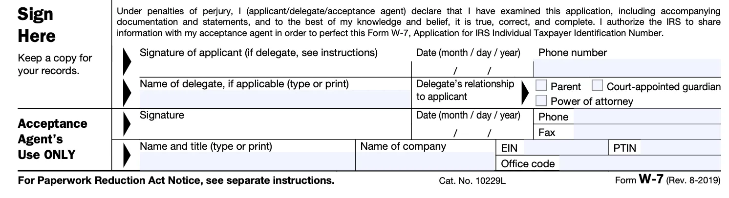 The bottom portion of a blank Form W-7, with space for signature and phone number