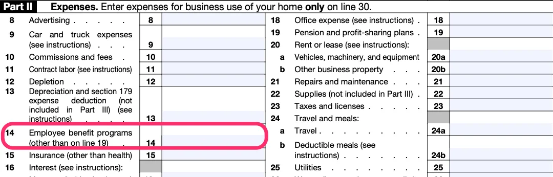 Part II of a blank Schedule C, with line 14, for "Employee benefit programs (other than on line 19)" circled in pink. Line 19 is "Pension and profit-sharing plans"