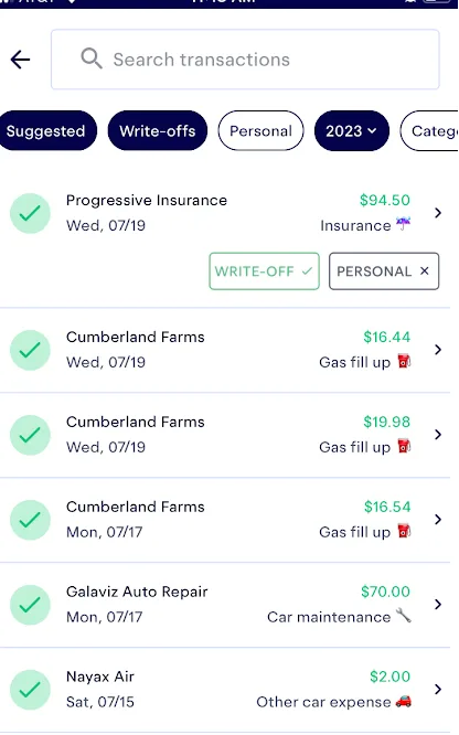 Screenshot of the Keeper app showing tax-deductible business expenses for car insurance, gas, car maintenance, and other car expenses