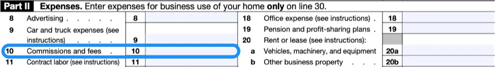 Part of Part II of a blank Schedule C, with box 10 circled in blue