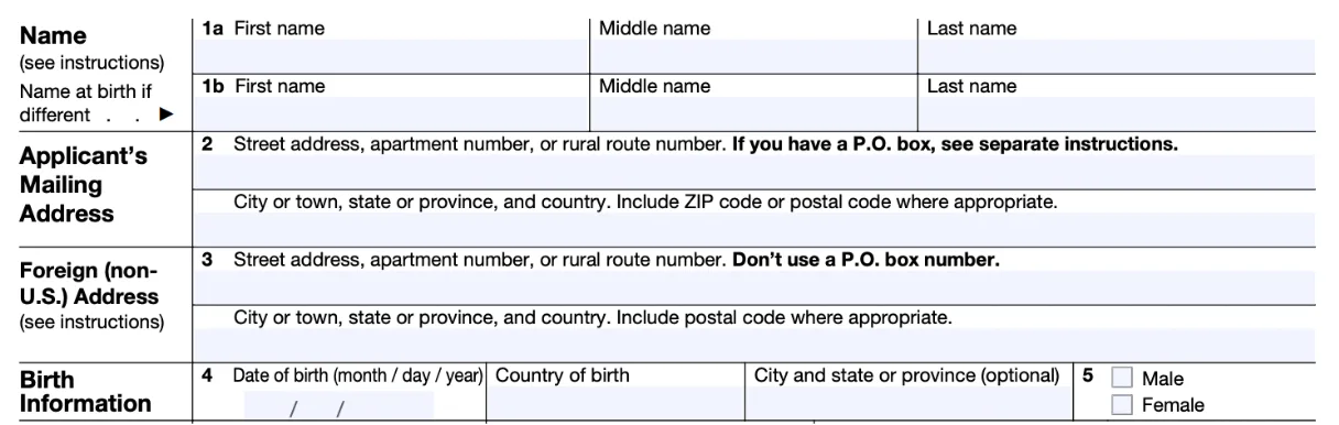 Part of a blank Form W-7 showing spaces for the submitter's personal info