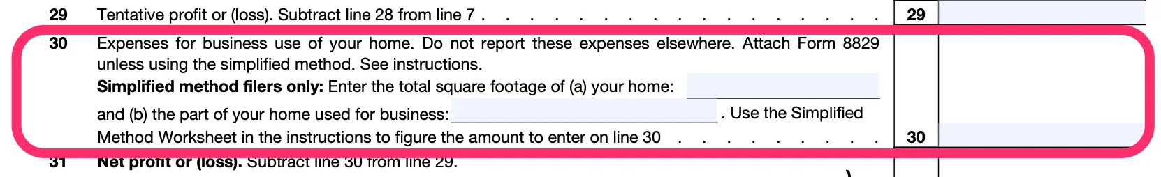 Part of a blank Schedule C, with line 30, for home office expenses, circled in pink
