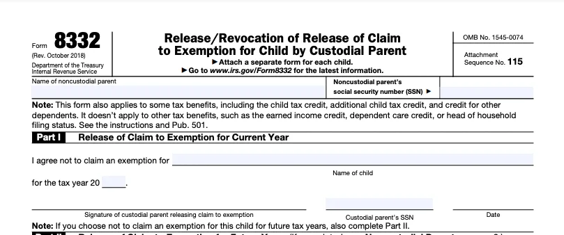 Part of a blank Form 8332: Release/Revocation of Release of Claim to Exemption for Child