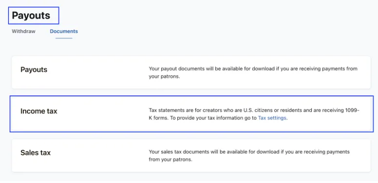 Screenshot of Patreon's Payouts tab. "Income Tax" is circled in blue.