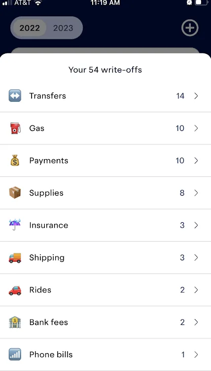 Screenshot of 54 write-offs recorded in Keeper in 2022, in the categories transfers, gas, payments, supplies, insurance, shipping, rides, bank fees, phone bills