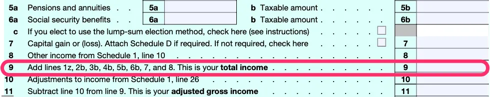 Part of a blank Form 1040 with line 9, for total income, circled in pink