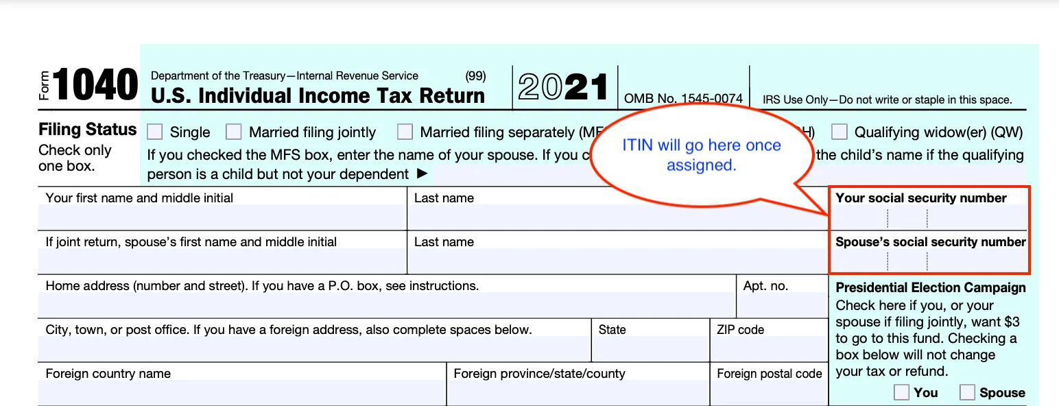 Top of a blank Form 1040 with boxes for SSN and spouse's SSN circled in red