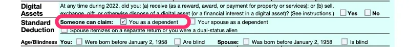 Part of a blank Form 1040, with the box indicating that someone can claim you as a dependent checked and circled in pink