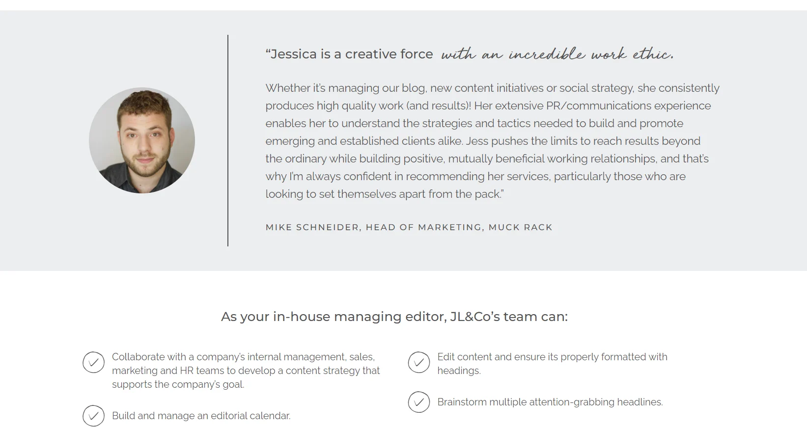 Client testimonial displayed on freelance managing editor Jessica Lawlor's website