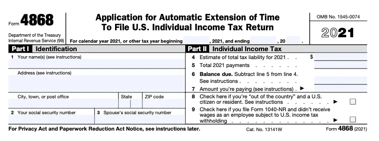 Part of a black Form 4868, used to request tax extensions