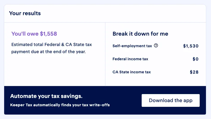 The results section of a 1099 tax calculator, showing someone who owes $1,558 taxes, with at least $1,530 from self-employment tax