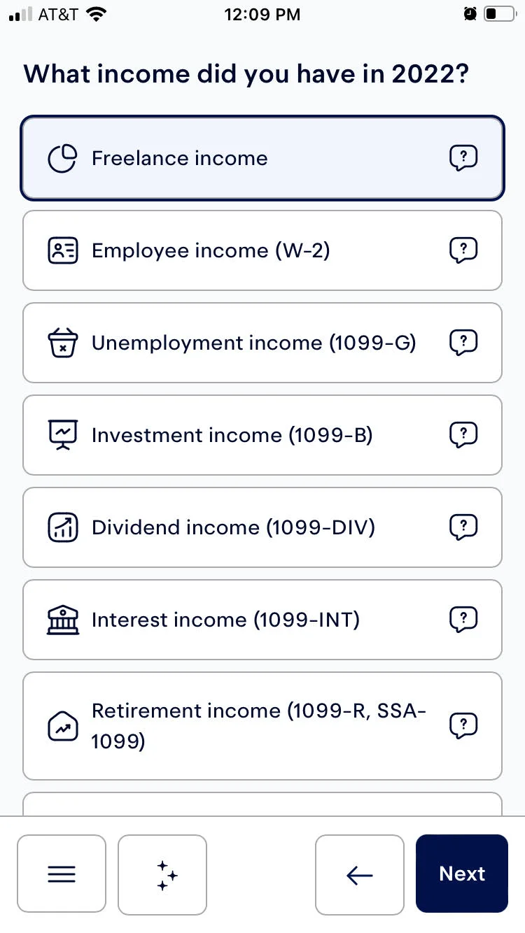 Entering income sources when filing taxes through Keeper. "Freelance income" is selected