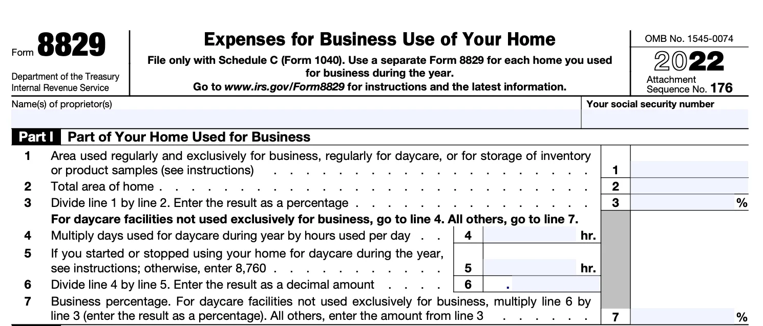 The top part of a blank Form 8829, used to claim a home office deduction using the actual expenses method