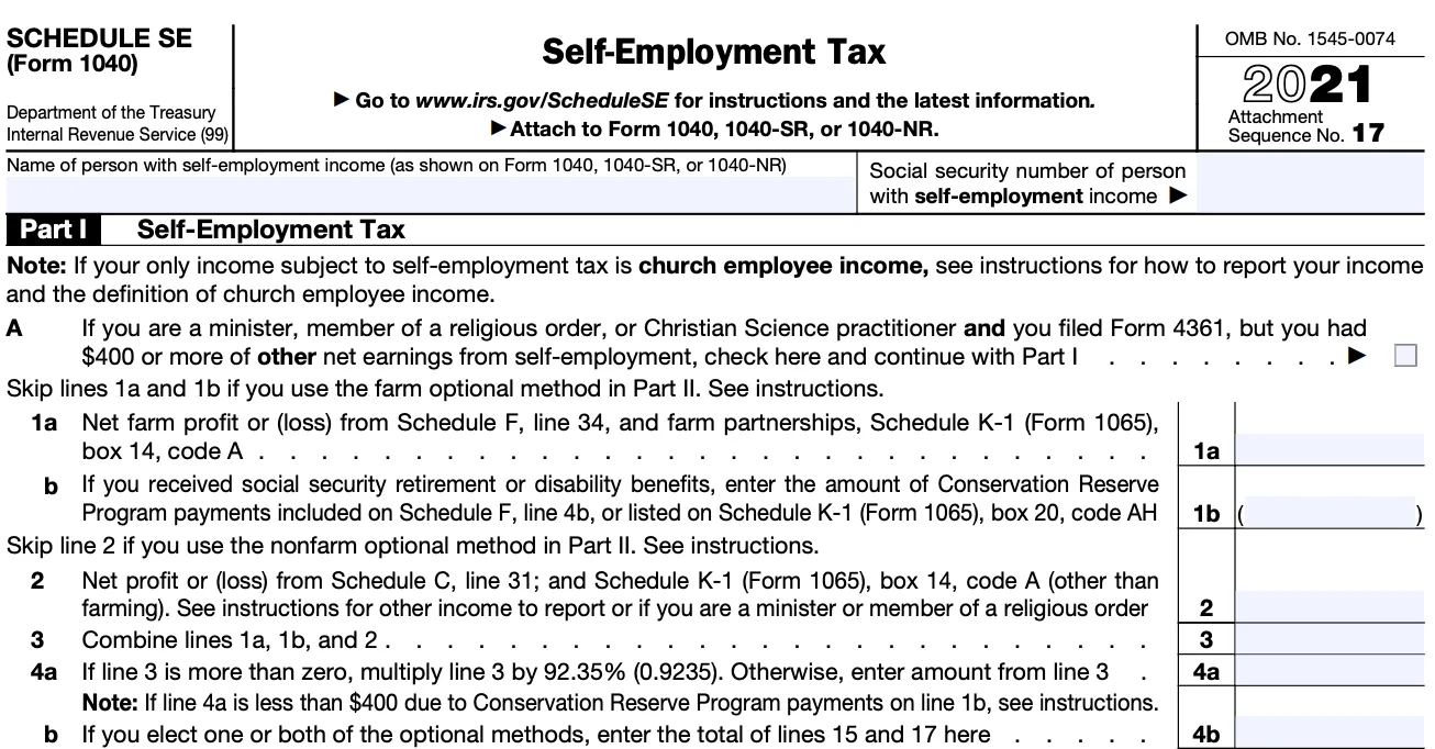 A blank Schedule SE, used to calculate self-employment tax