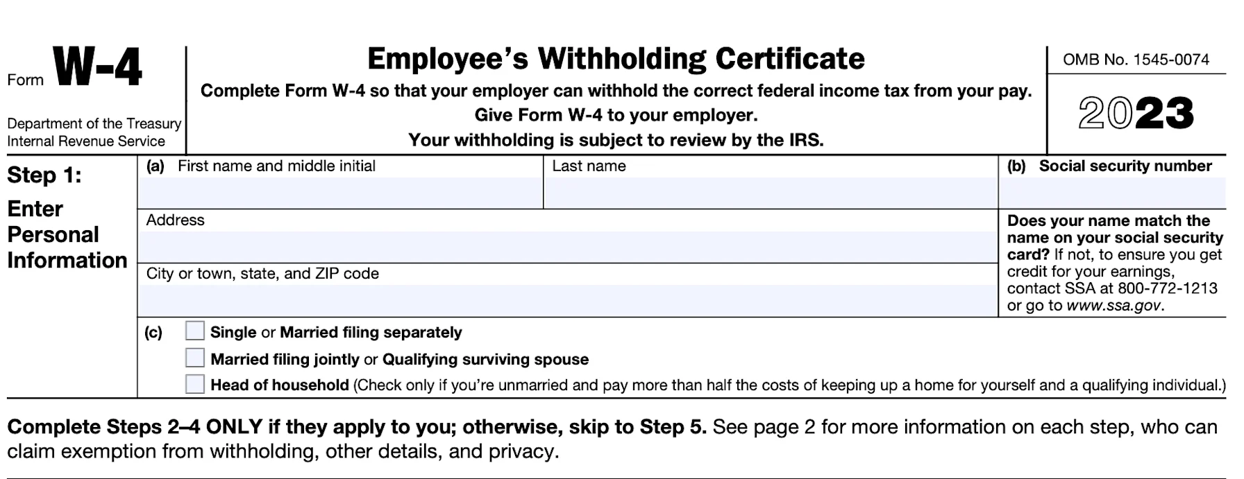 Part of a blank Form W-4, used to adjusting withholding from a W-2 job