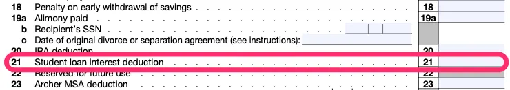 A portion of Part II of a blank Schedule 1, which line 21, for student loan interest deduction, circled in pink