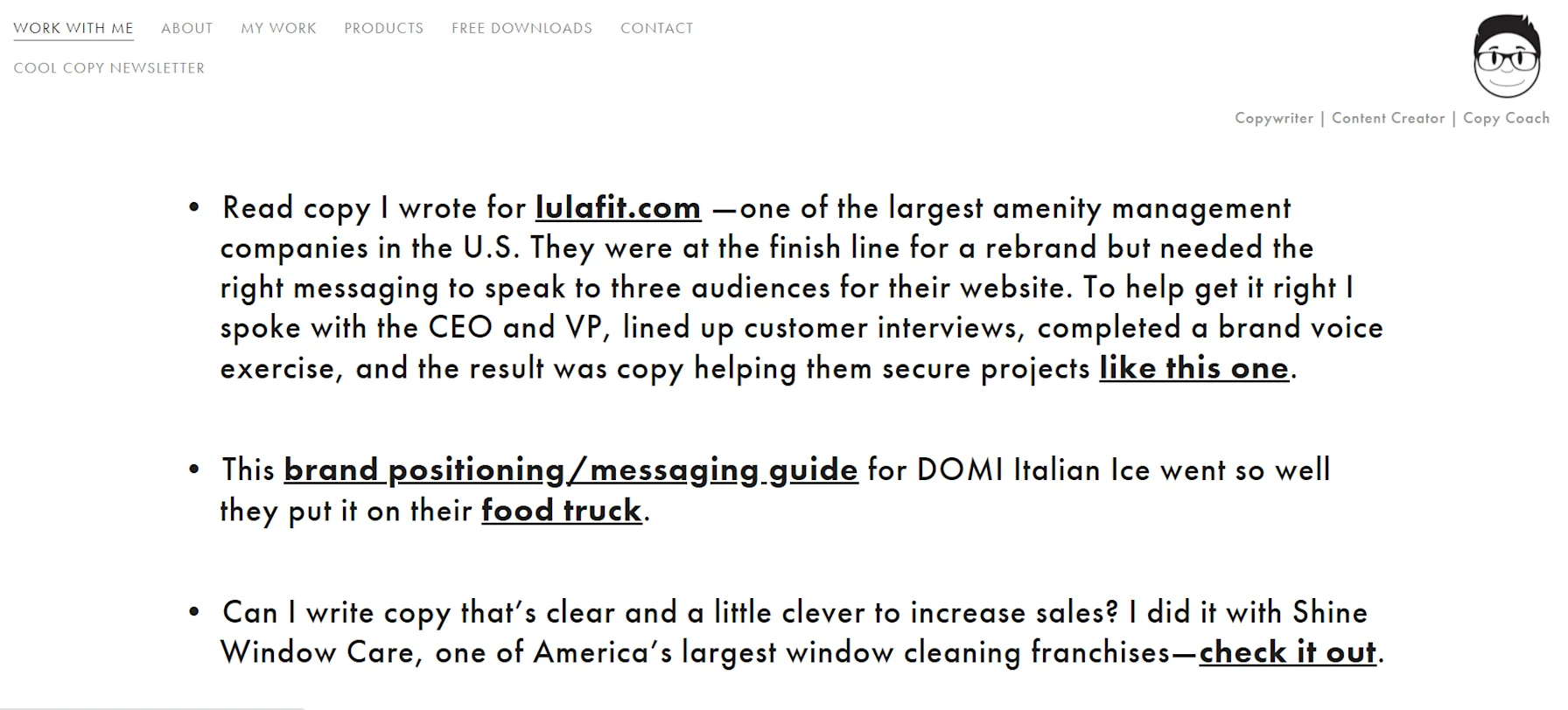 Screenshot of copywriter Terry Schilling's work samples on his writing portfolio
