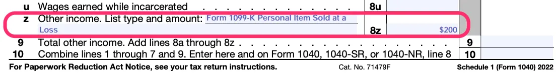 Line 8z of Schedule 1 circled in pink. The description reads "Form 1099-K Personal Item Sold at a Loss," and the amount is $2000