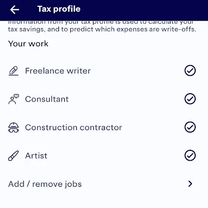 Screenshot of a Keeper user's work profile, with the jobs "Freelance writer," "Consultant," "Construction worker," and "Artist"